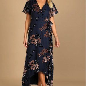 Lulus Navy Velvet Floral Midi/Maxi "Bistro" Wrap Dress